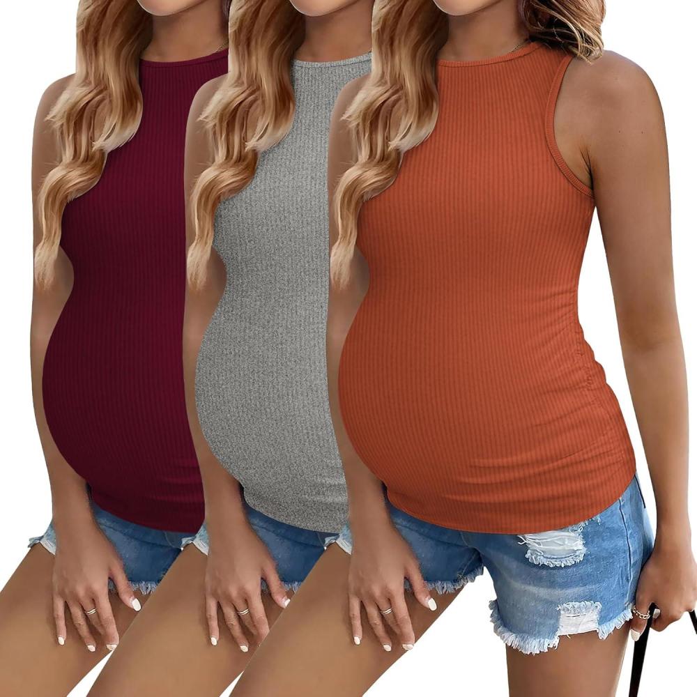 imageEkouaer Women Maternity Tank Tops 3 Packs Crew Neck Ribbed Pregnancy Shirts Mama Clothes3pcs Caramel Burgundy Red Grey