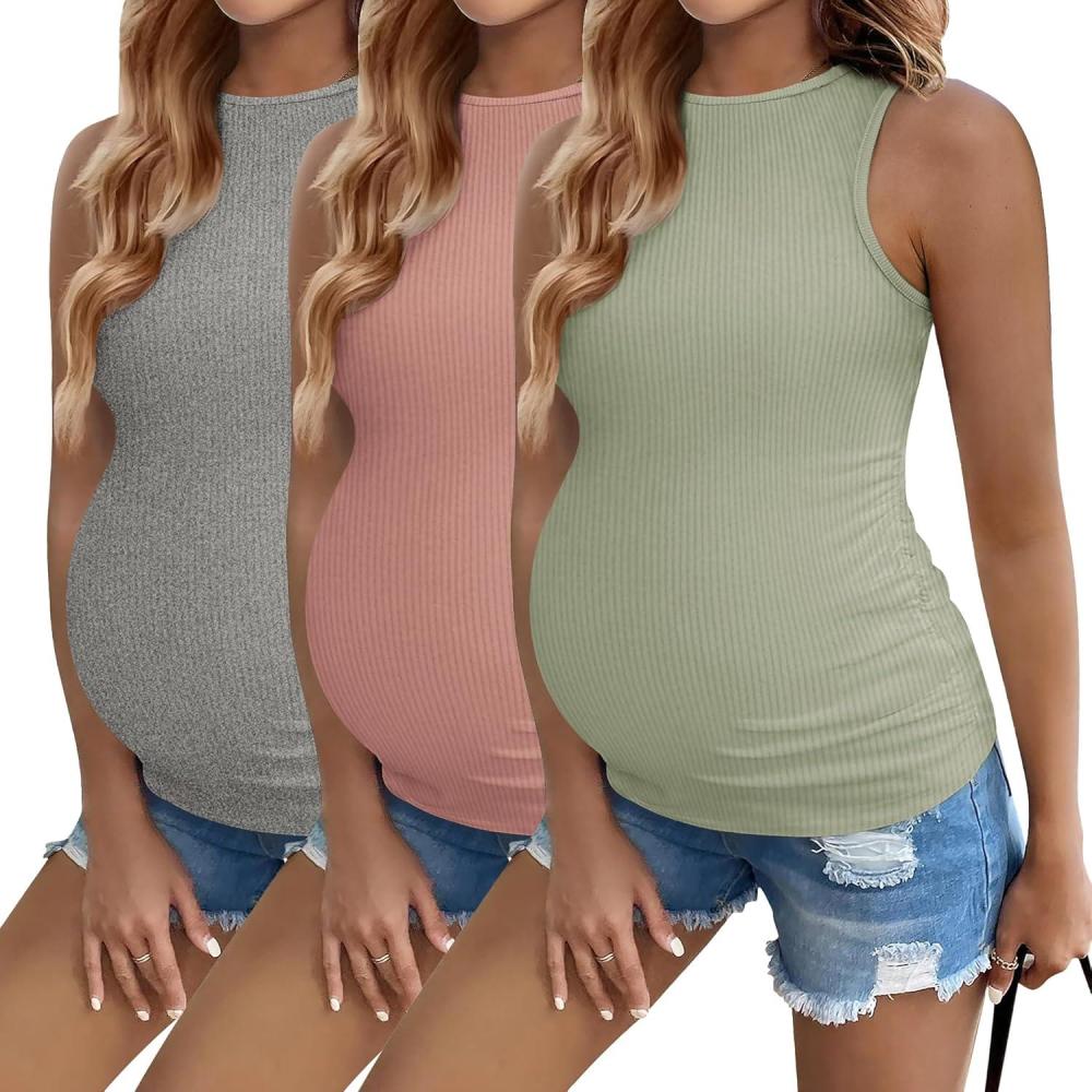 imageEkouaer Women Maternity Tank Tops 3 Packs Crew Neck Ribbed Pregnancy Shirts Mama Clothes3pcs Dirty Pink Grey Light Green