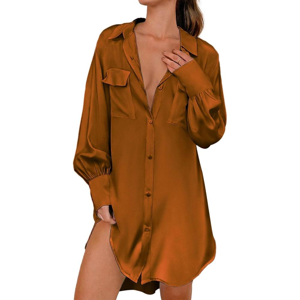 imageEkouaer Women Satin Sleep Shirt Long Sleeve Nightgown Button Down Nightshirt Silk Sleepwear Soft Pajama Dress Sleep DressBrown