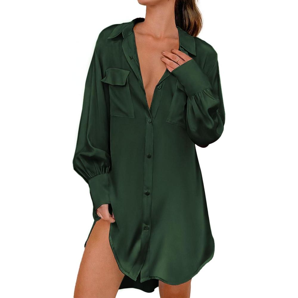imageEkouaer Women Satin Sleep Shirt Long Sleeve Nightgown Button Down Nightshirt Silk Sleepwear Soft Pajama Dress Sleep DressGreen