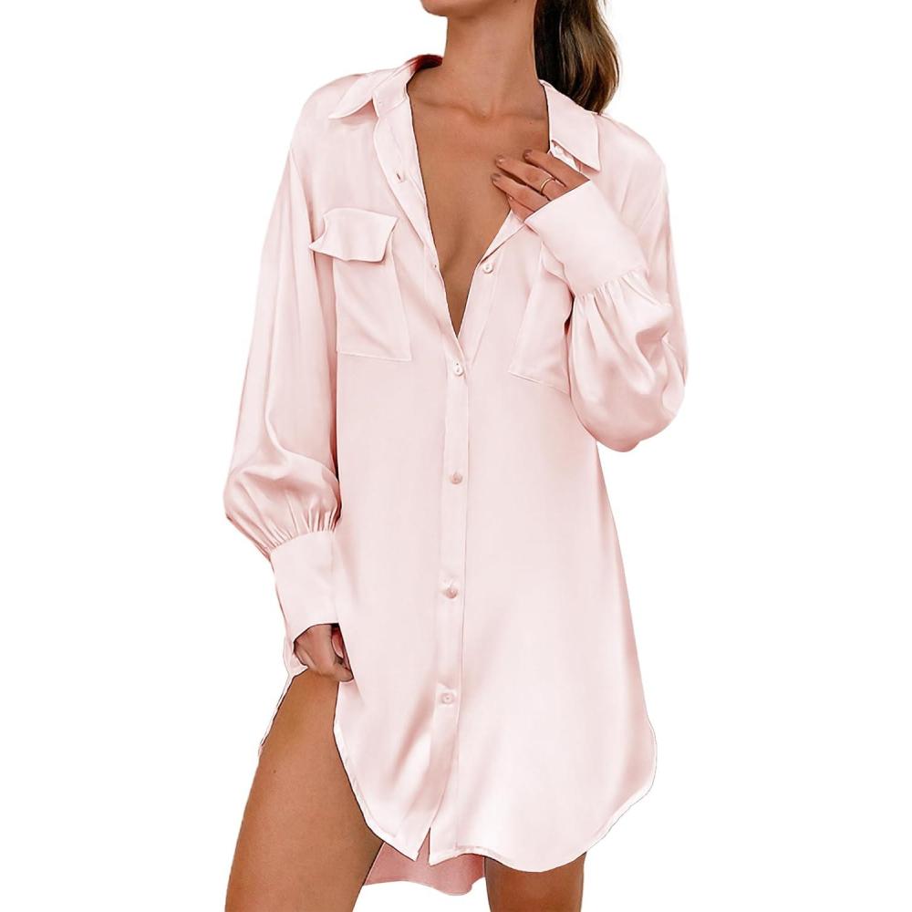 imageEkouaer Women Satin Sleep Shirt Long Sleeve Nightgown Button Down Nightshirt Silk Sleepwear Soft Pajama Dress Sleep DressLight Pink