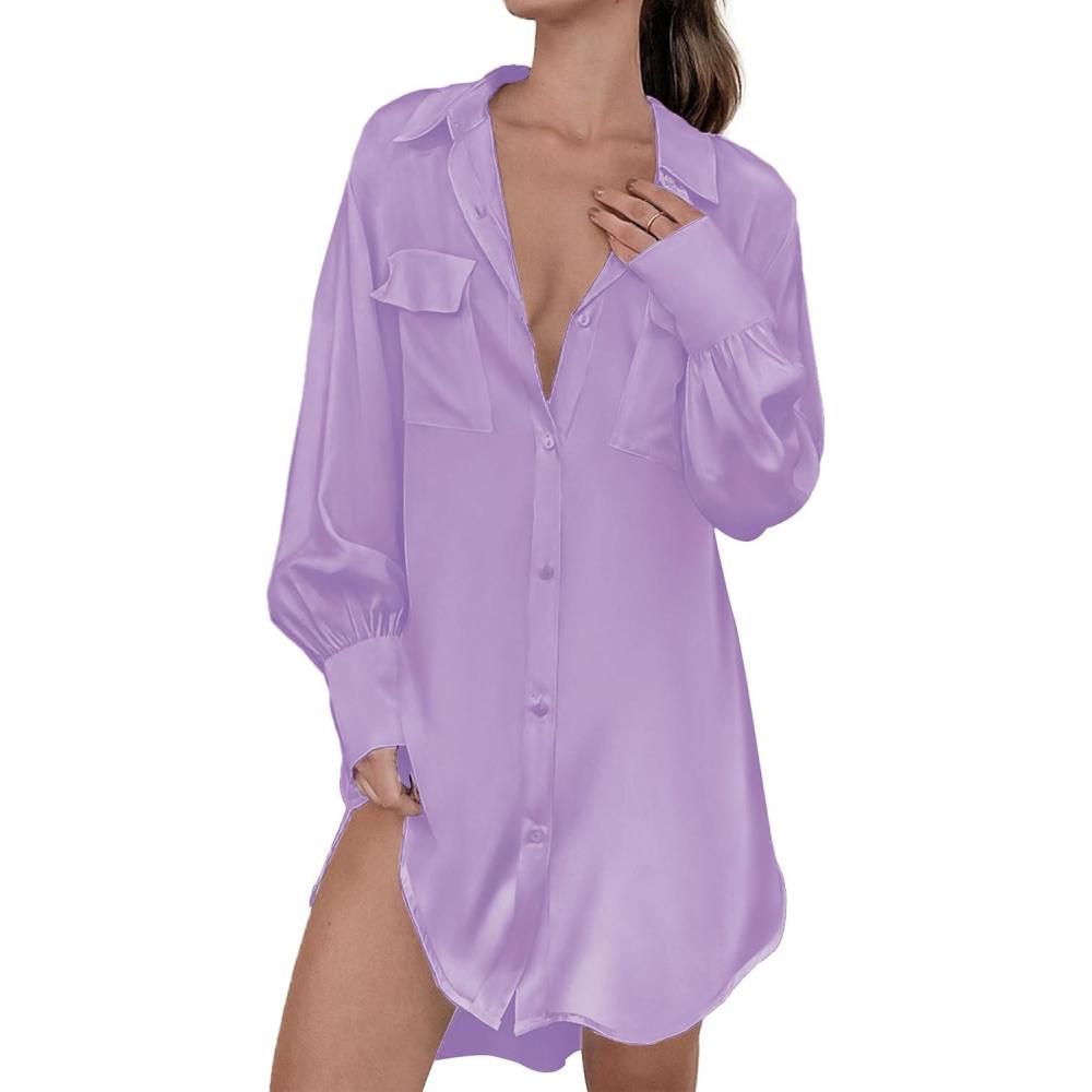 imageEkouaer Women Satin Sleep Shirt Long Sleeve Nightgown Button Down Nightshirt Silk Sleepwear Soft Pajama Dress Sleep DressLilac