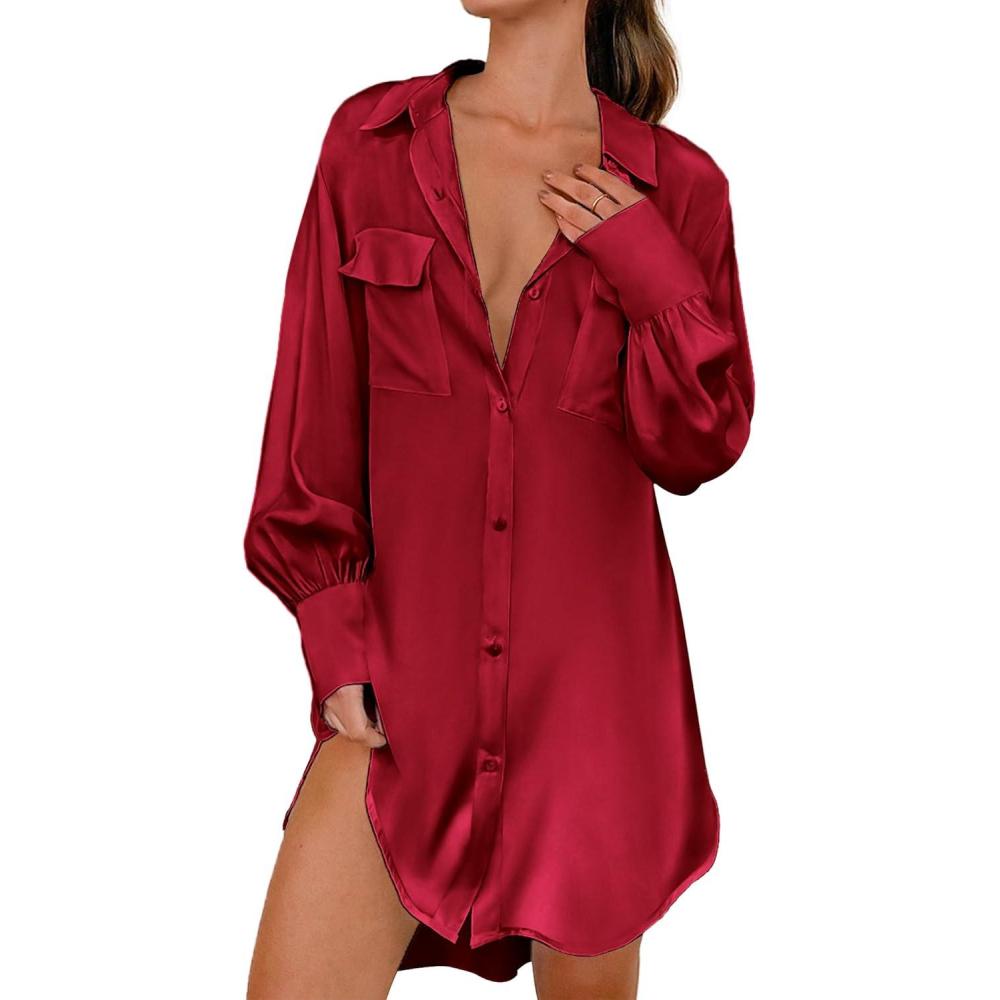 imageEkouaer Women Satin Sleep Shirt Long Sleeve Nightgown Button Down Nightshirt Silk Sleepwear Soft Pajama Dress Sleep DressWine Red