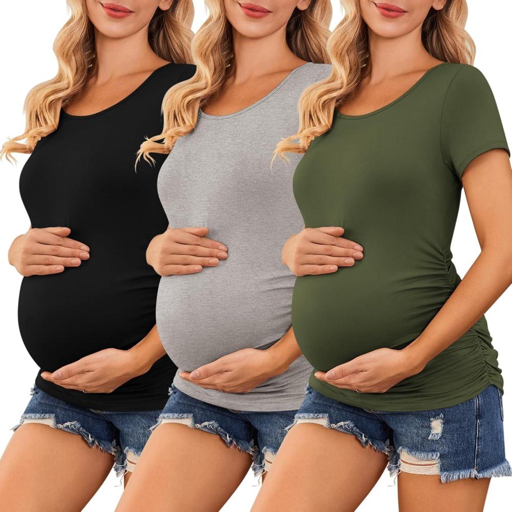 imageEkouaer Womens Maternity Shirts 3 Packs Side Ruched Pregnancy Tee Top Tunic Blouse Casual Mama Clothes SXXL3pcs Black Army Green Light Grey