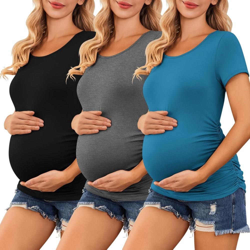 imageEkouaer Womens Maternity Shirts 3 Packs Side Ruched Pregnancy Tee Top Tunic Blouse Casual Mama Clothes SXXL3pcs Black Flecking Grey Teal