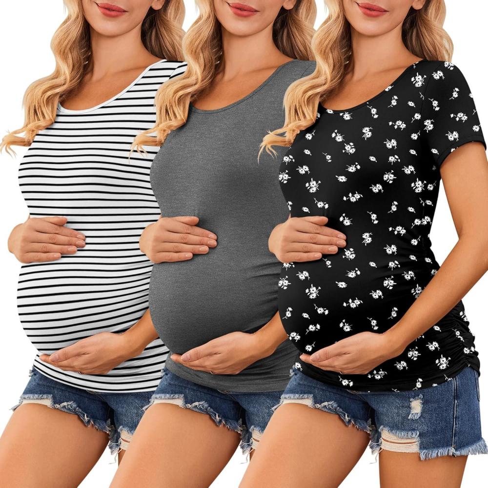 imageEkouaer Womens Maternity Shirts 3 Packs Side Ruched Pregnancy Tee Top Tunic Blouse Casual Mama Clothes SXXL3pcs Black Floral 2 White Stripe