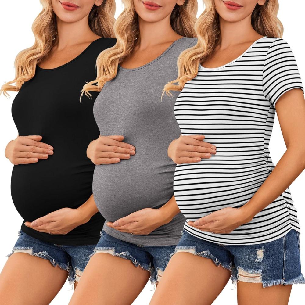 imageEkouaer Womens Maternity Shirts 3 Packs Side Ruched Pregnancy Tee Top Tunic Blouse Casual Mama Clothes SXXL3pcs Black White Stripe Dark Grey