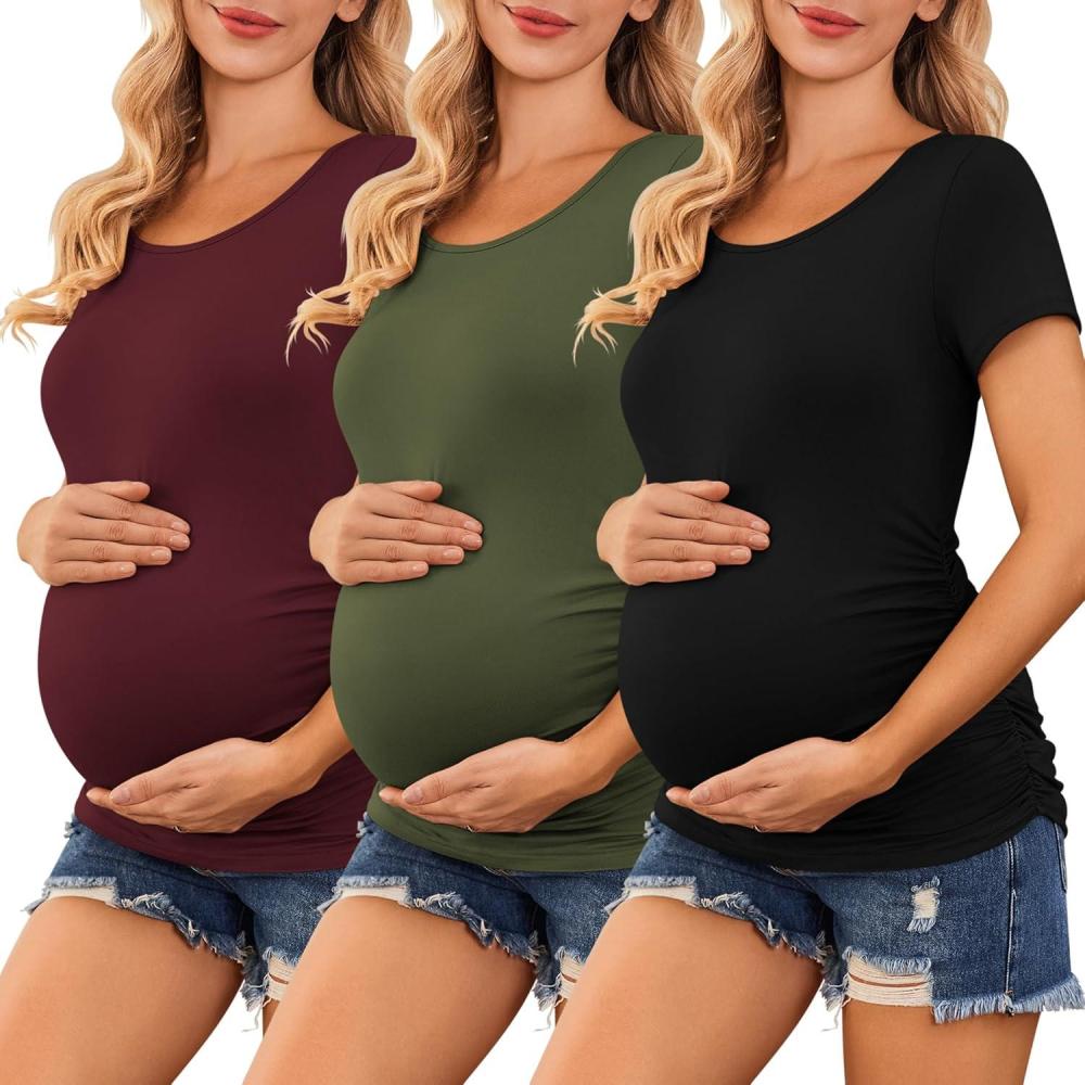 imageEkouaer Womens Maternity Shirts 3 Packs Side Ruched Pregnancy Tee Top Tunic Blouse Casual Mama Clothes SXXL3pcs Black  Wine Red  Army Green