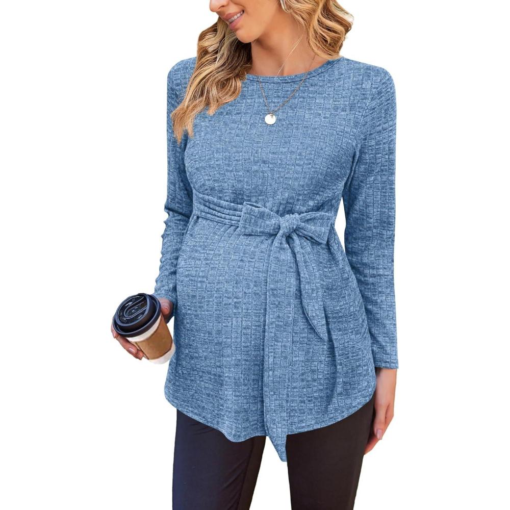 imageEkouaer Womens Maternity Shirts Long Sleeve Pregnancy Tops Casual Ribbed Knit Winter Pregnant BlousesNavy Blue