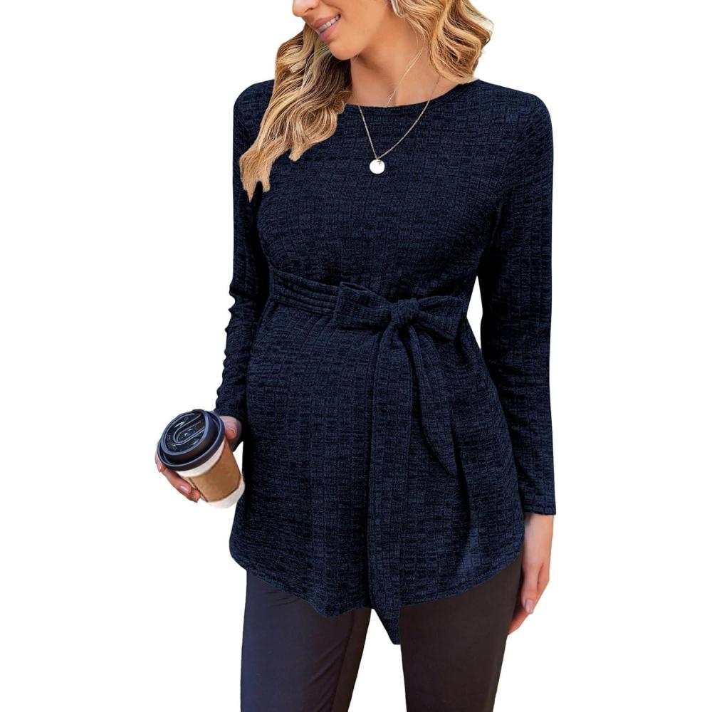 imageEkouaer Womens Maternity Shirts Long Sleeve Pregnancy Tops Casual Ribbed Knit Winter Pregnant BlousesNavyblue