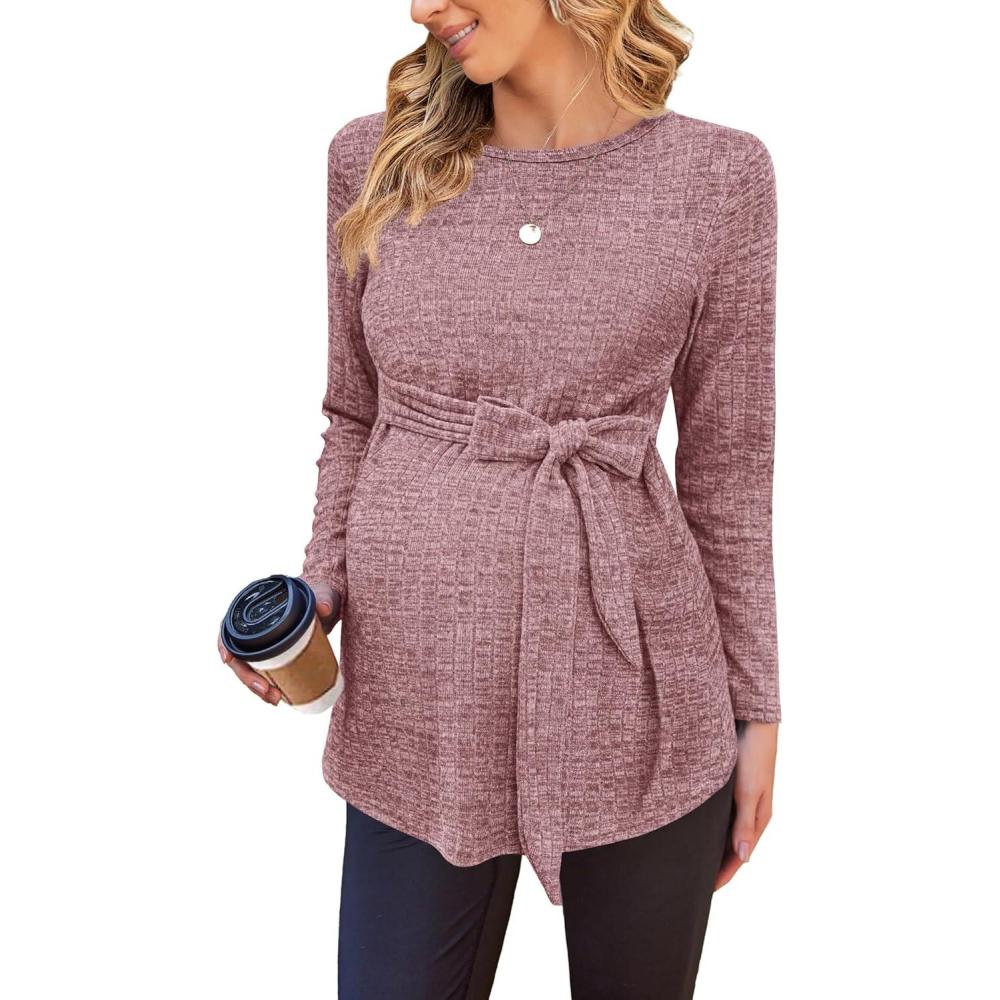 imageEkouaer Womens Maternity Shirts Long Sleeve Pregnancy Tops Casual Ribbed Knit Winter Pregnant BlousesPink