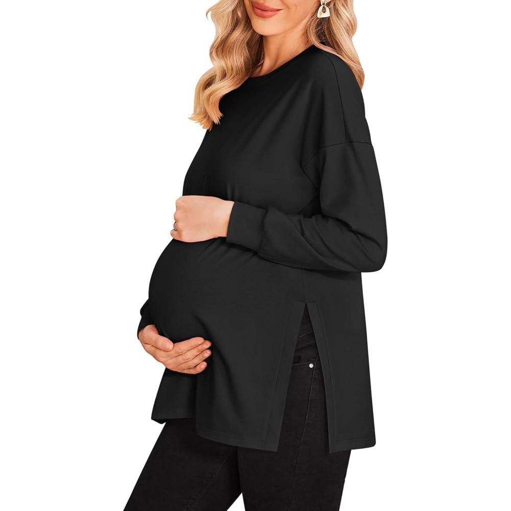 imageEkouaer Womens Maternity Shirts Long Sleeve Split Side Pregnancy Tee Top Tunic Blouse Casual Mama ClothesBlack