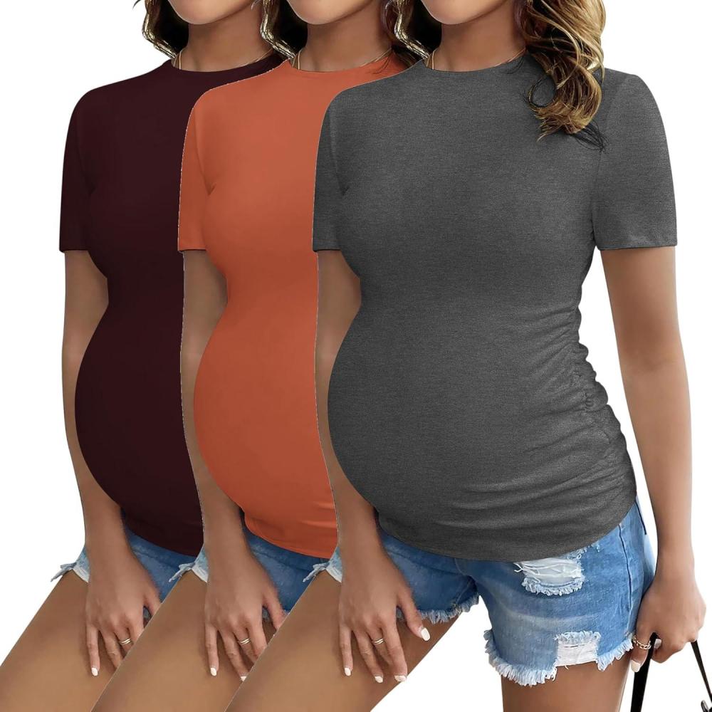 imageEkouaer Womens Maternity Shirts Short Sleeve 3 Packs Crew Neck Pregnancy Tee Tops Tunic Blouse Soft Mama Clothes SXXL3pcs Burgundy Red Caramel Dark Grey