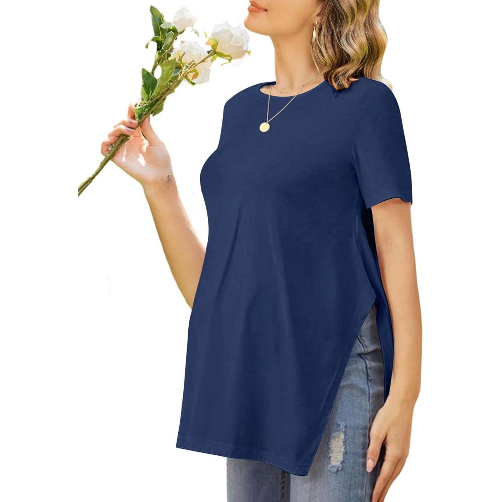 imageEkouaer Womens Maternity Shirts Short Sleeve Pregnancy Tops Blouses Split Side Casual Crewneck Pregnant Tunic TeeBlue