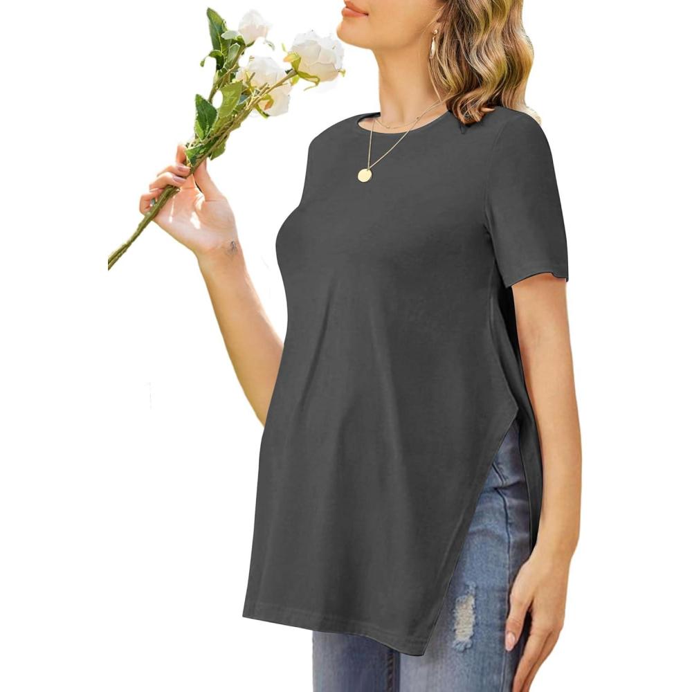 imageEkouaer Womens Maternity Shirts Short Sleeve Pregnancy Tops Blouses Split Side Casual Crewneck Pregnant Tunic TeeDeep Grey