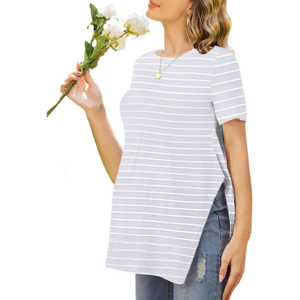 imageEkouaer Womens Maternity Shirts Short Sleeve Pregnancy Tops Blouses Split Side Casual Crewneck Pregnant Tunic TeeGrey Striped
