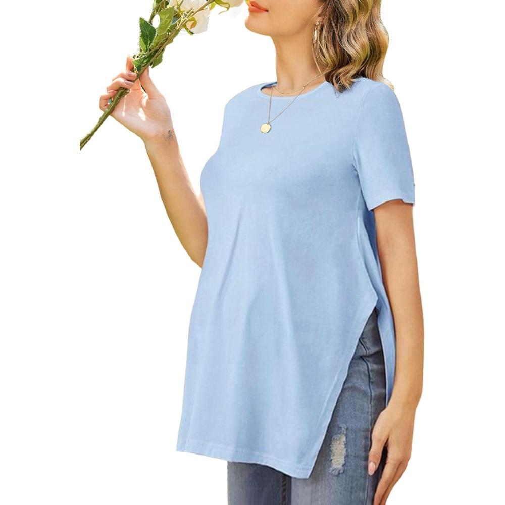 imageEkouaer Womens Maternity Shirts Short Sleeve Pregnancy Tops Blouses Split Side Casual Crewneck Pregnant Tunic TeeLight Blue