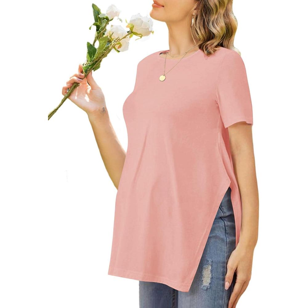 imageEkouaer Womens Maternity Shirts Short Sleeve Pregnancy Tops Blouses Split Side Casual Crewneck Pregnant Tunic TeePink