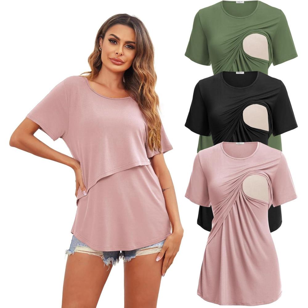imageEkouaer Womens Maternity Shirts Short Sleeves Nursing Tops 3 Pack Double Laye Breastfeeding Tees Pregnancy Clothes SXXL3pcs Black Army Green Dirty Pink