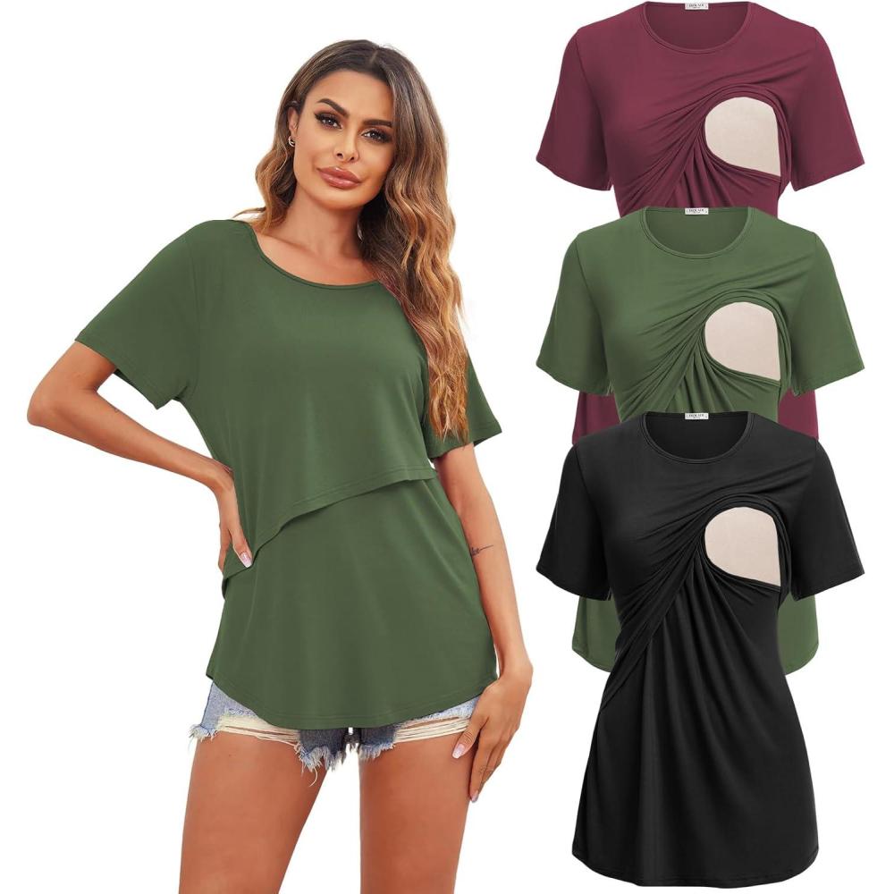 imageEkouaer Womens Maternity Shirts Short Sleeves Nursing Tops 3 Pack Double Laye Breastfeeding Tees Pregnancy Clothes SXXL3pcs Black Army Green Red