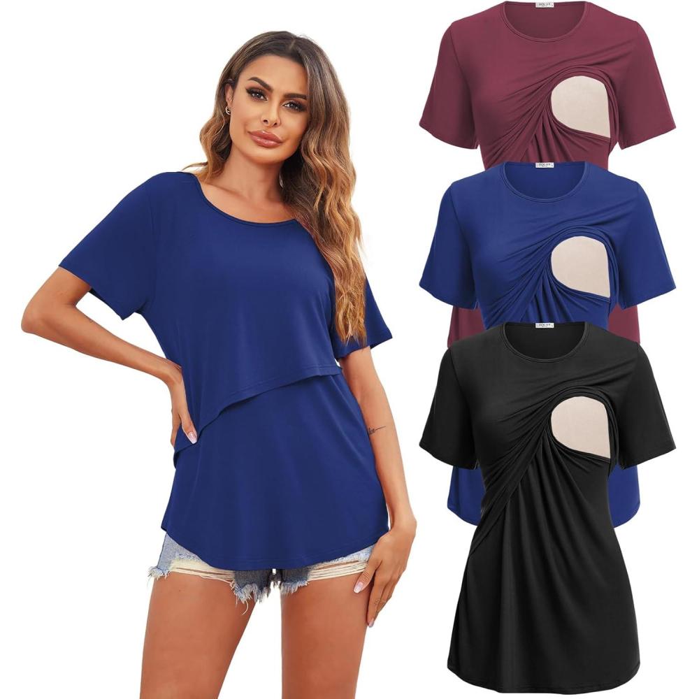 imageEkouaer Womens Maternity Shirts Short Sleeves Nursing Tops 3 Pack Double Laye Breastfeeding Tees Pregnancy Clothes SXXL3pcs Black Blue Red