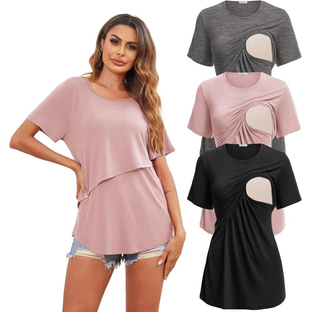 imageEkouaer Womens Maternity Shirts Short Sleeves Nursing Tops 3 Pack Double Laye Breastfeeding Tees Pregnancy Clothes SXXL3pcs Black Dirty Pink Dark Gray