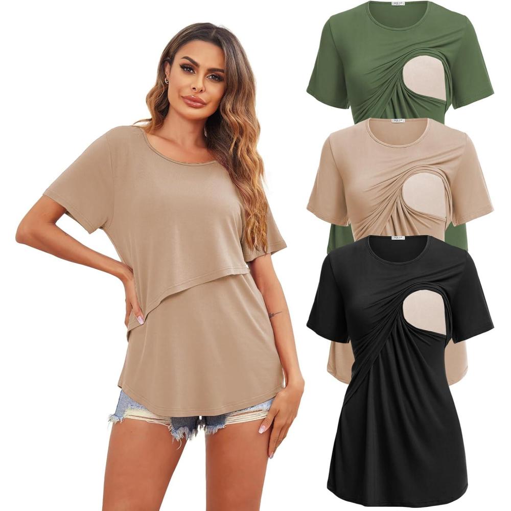 imageEkouaer Womens Maternity Shirts Short Sleeves Nursing Tops 3 Pack Double Laye Breastfeeding Tees Pregnancy Clothes SXXL3pcs Black Khaki Army Green