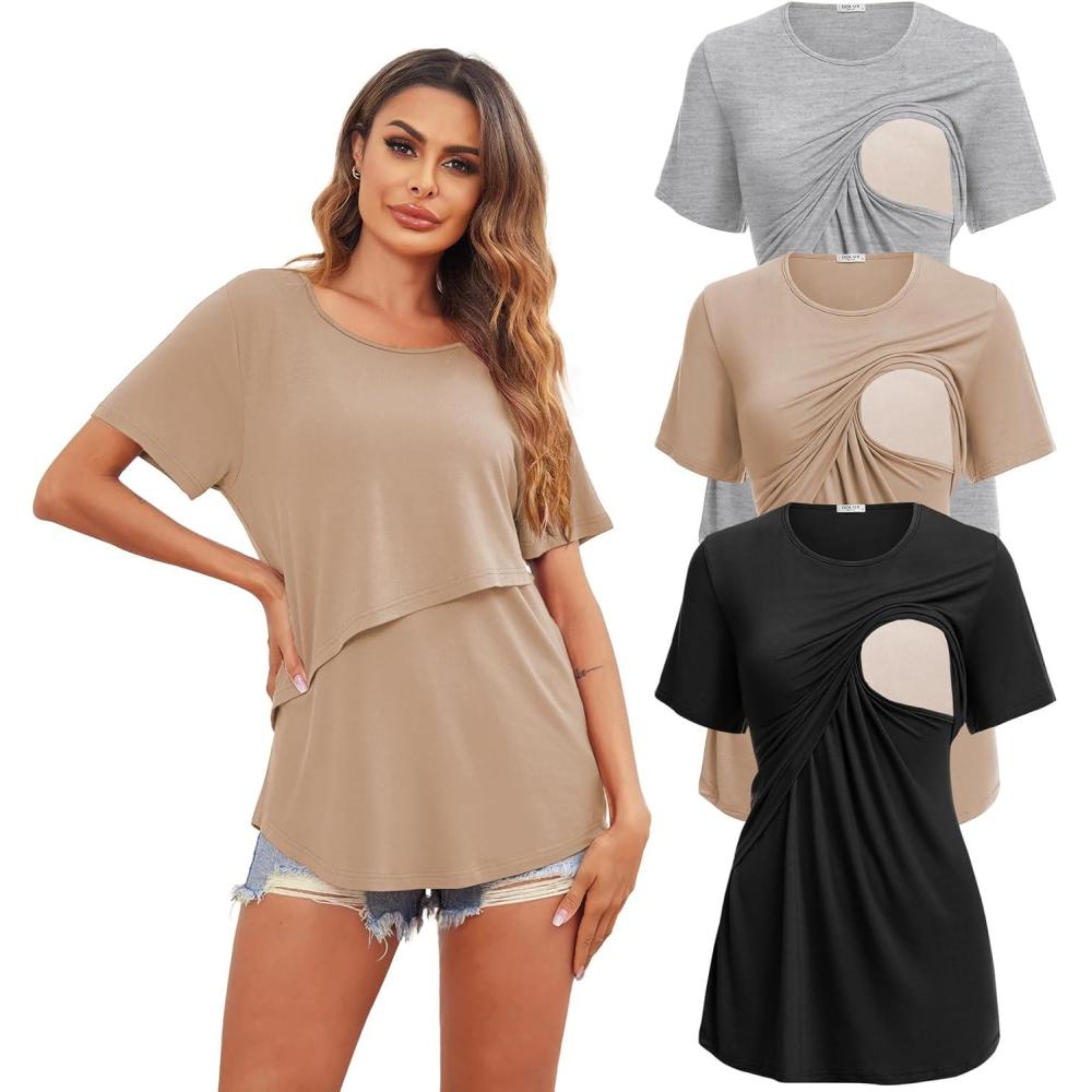 imageEkouaer Womens Maternity Shirts Short Sleeves Nursing Tops 3 Pack Double Laye Breastfeeding Tees Pregnancy Clothes SXXL3pcs Black  Khaki  Light Gray