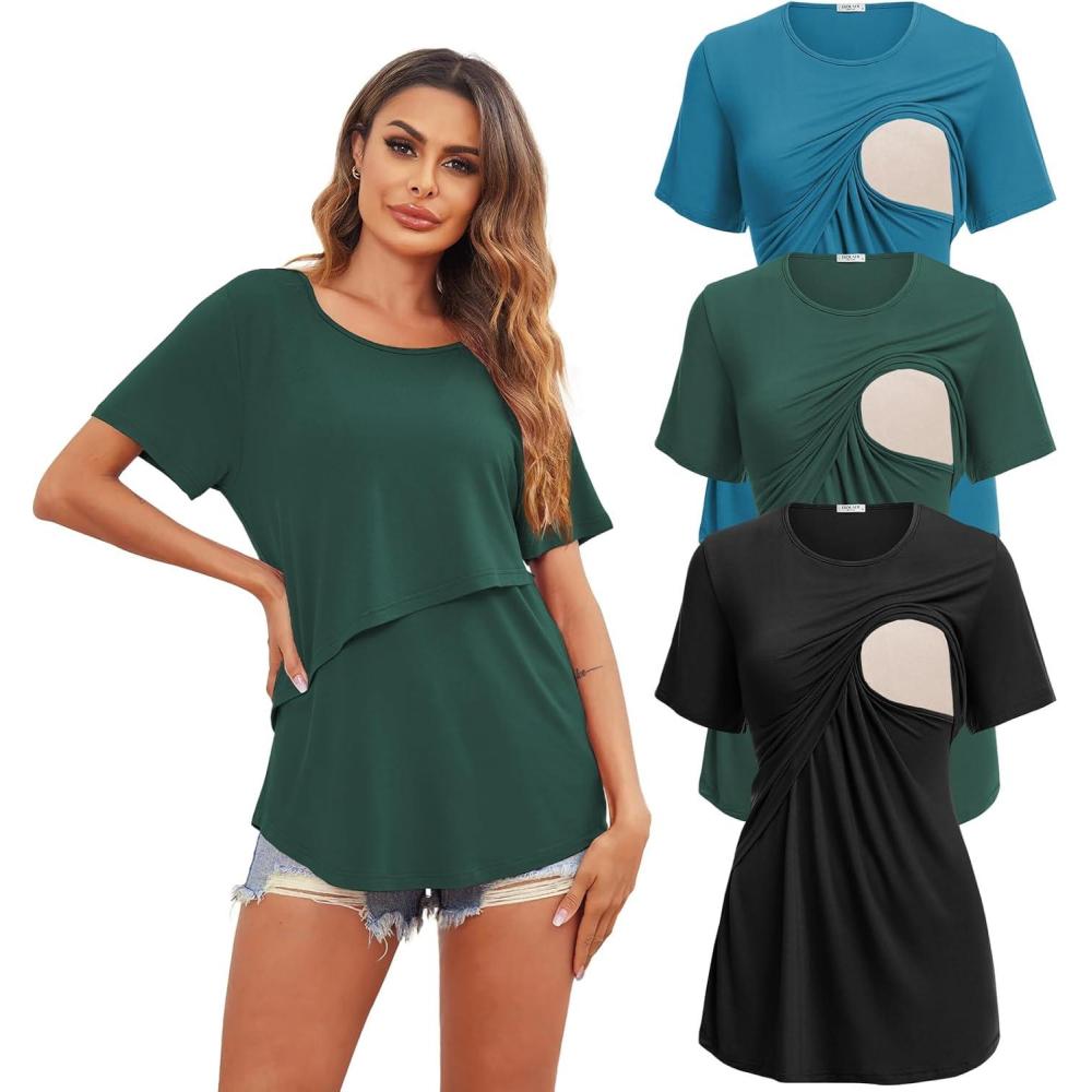 imageEkouaer Womens Maternity Shirts Short Sleeves Nursing Tops 3 Pack Double Laye Breastfeeding Tees Pregnancy Clothes SXXL3pcs Black Lake Green Teal