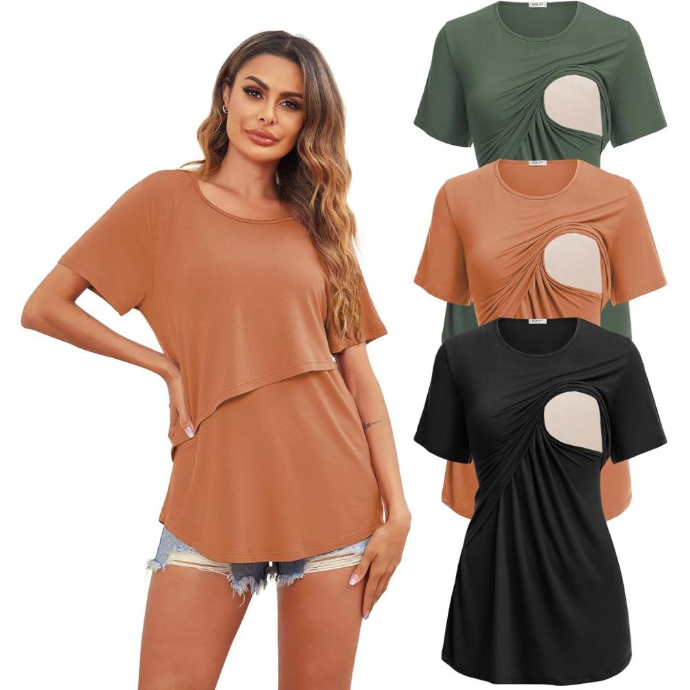 imageEkouaer Womens Maternity Shirts Short Sleeves Nursing Tops 3 Pack Double Laye Breastfeeding Tees Pregnancy Clothes SXXL3pcs Black  Light Brown  Deep Army Green
