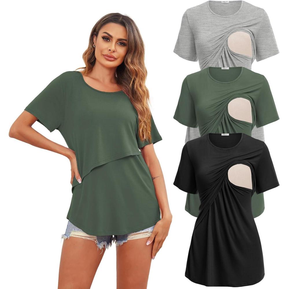 imageEkouaer Womens Maternity Shirts Short Sleeves Nursing Tops 3 Pack Double Laye Breastfeeding Tees Pregnancy Clothes SXXL3pcs Black  Light Grey  Deep Army Green