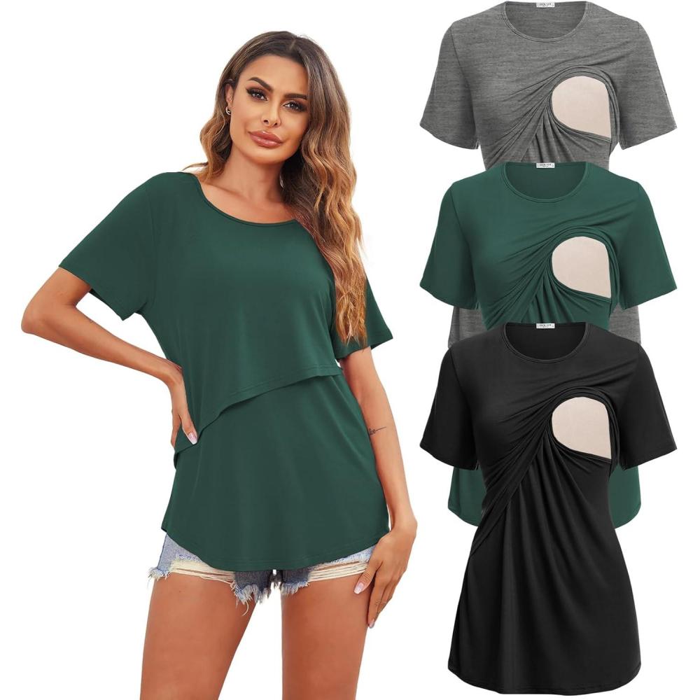imageEkouaer Womens Maternity Shirts Short Sleeves Nursing Tops 3 Pack Double Laye Breastfeeding Tees Pregnancy Clothes SXXL3pcs Black  Medium Gray  Lake Green