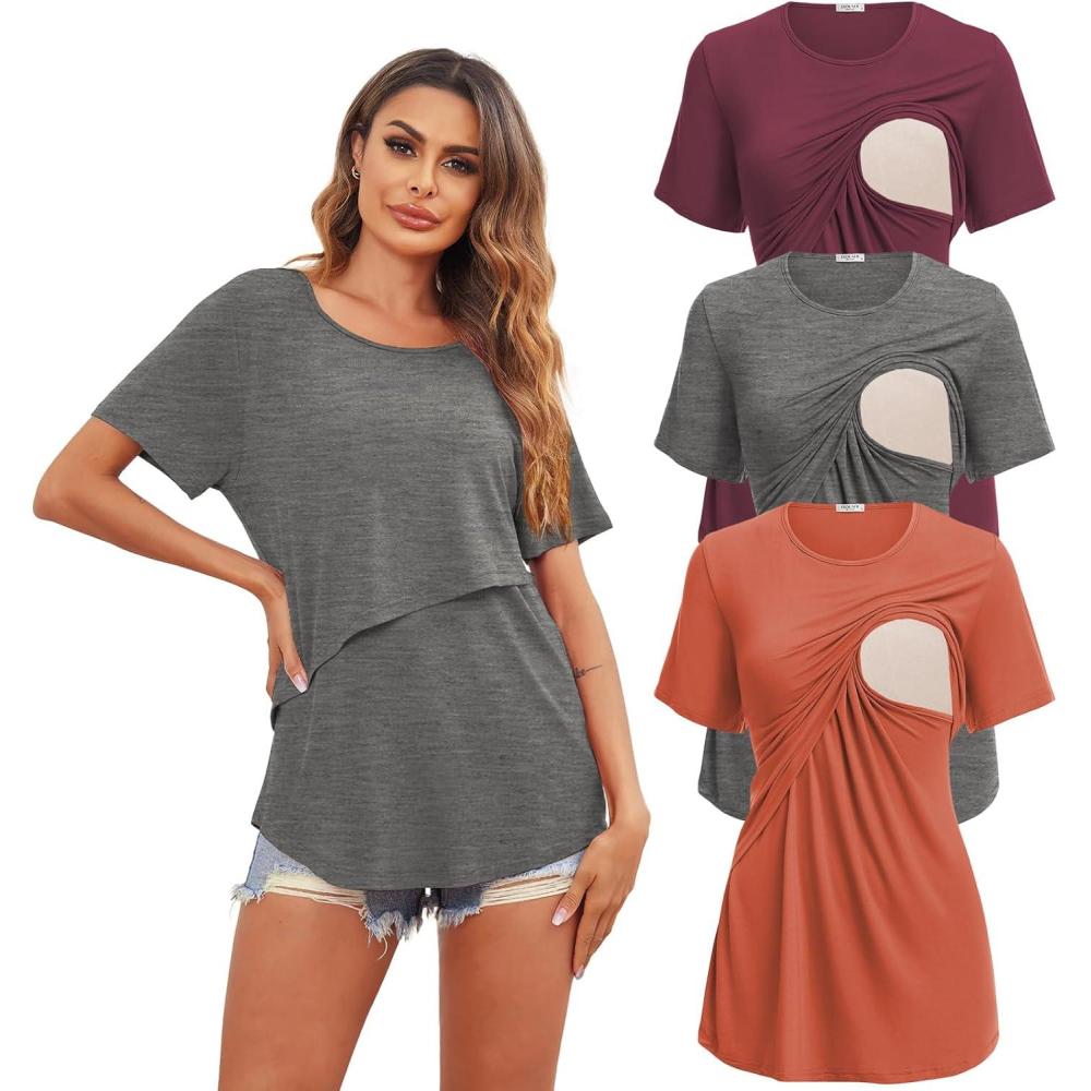 imageEkouaer Womens Maternity Shirts Short Sleeves Nursing Tops 3 Pack Double Laye Breastfeeding Tees Pregnancy Clothes SXXL3pcs Flecking Grey Wine Red Orange