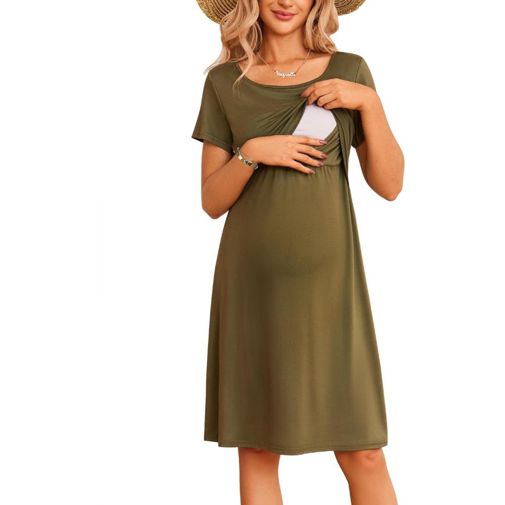 imageEkouaer Womens Nursing Dress Summer Short Sleeve Patchwork Maternity Breastfeeding Knee Length DressArmy Green