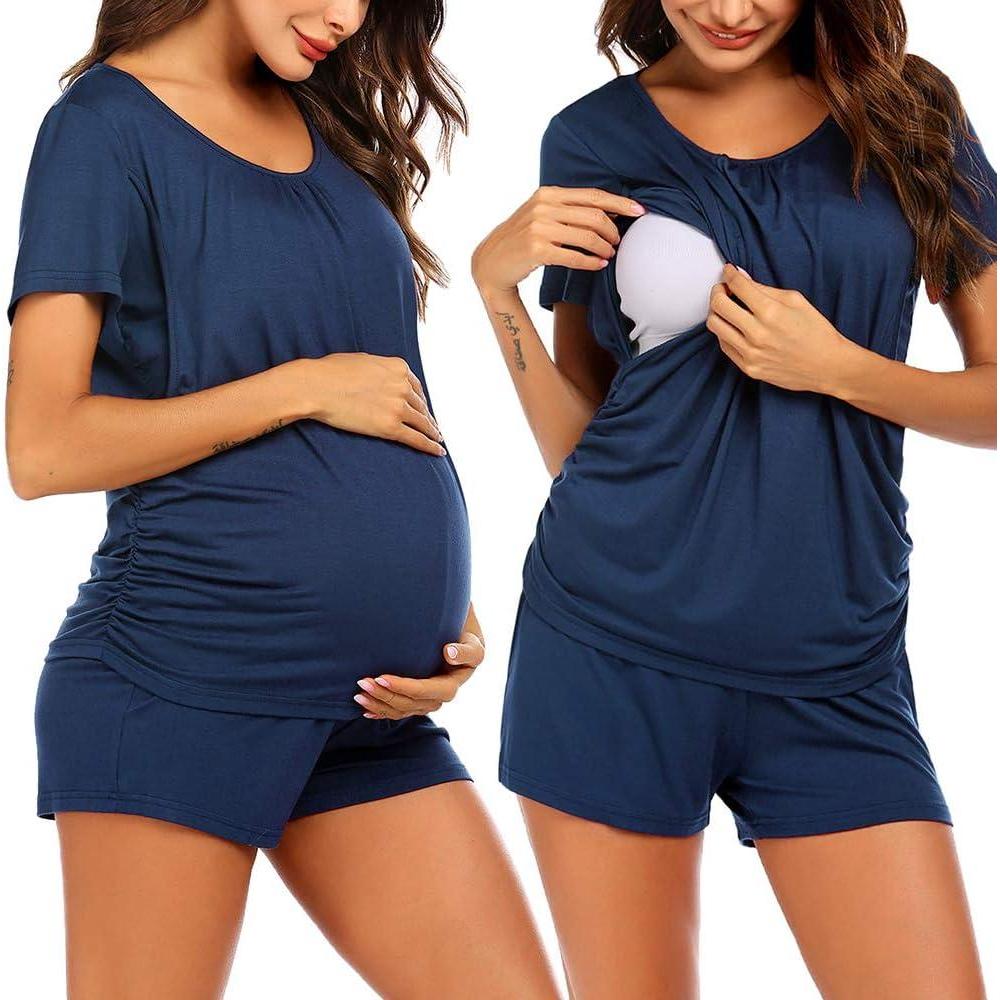 imageEkouaer Womens Nursing Pajamas Maternity Breastfeeding Pjs Sleepwear Layer Soft Postpartum Lounge Set Pregnancy ClothesA Blue