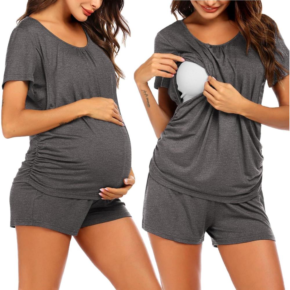 imageEkouaer Womens Nursing Pajamas Maternity Breastfeeding Pjs Sleepwear Layer Soft Postpartum Lounge Set Pregnancy ClothesA Dark Grey