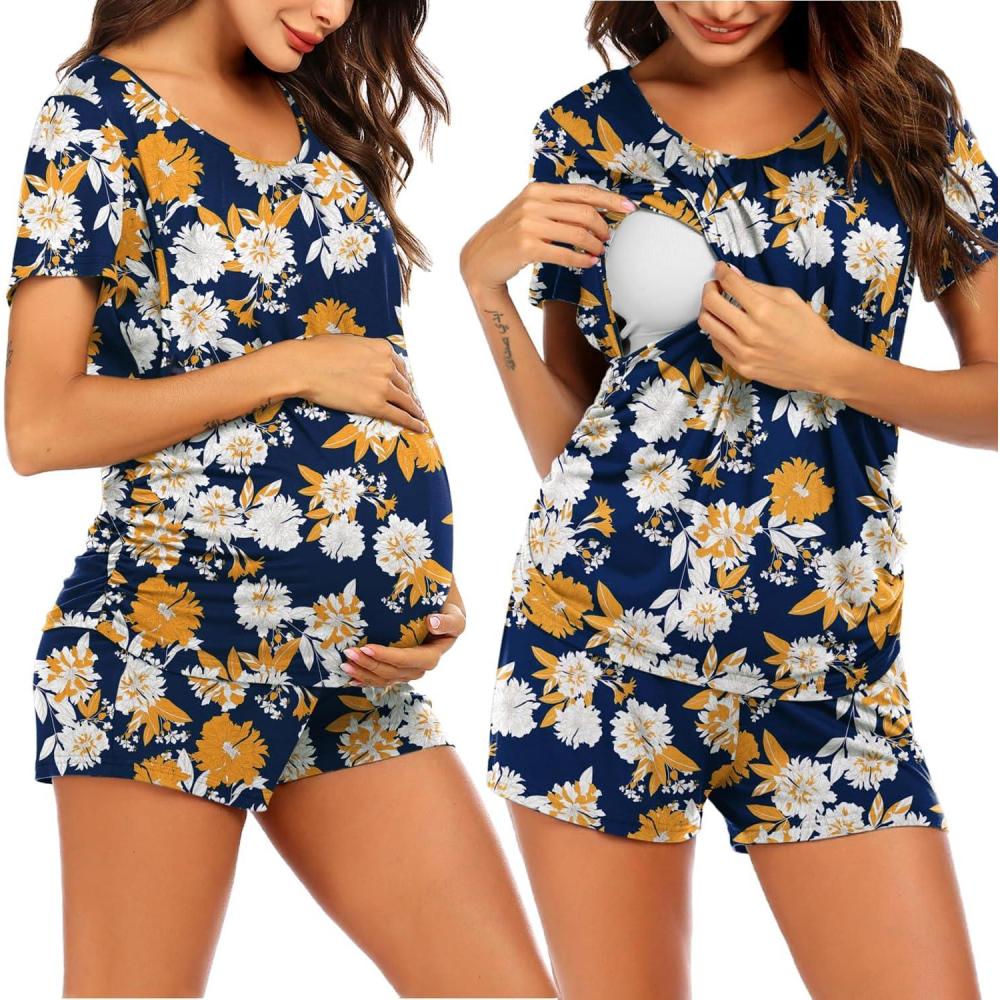 imageEkouaer Womens Nursing Pajamas Maternity Breastfeeding Pjs Sleepwear Layer Soft Postpartum Lounge Set Pregnancy ClothesA Floral Blue