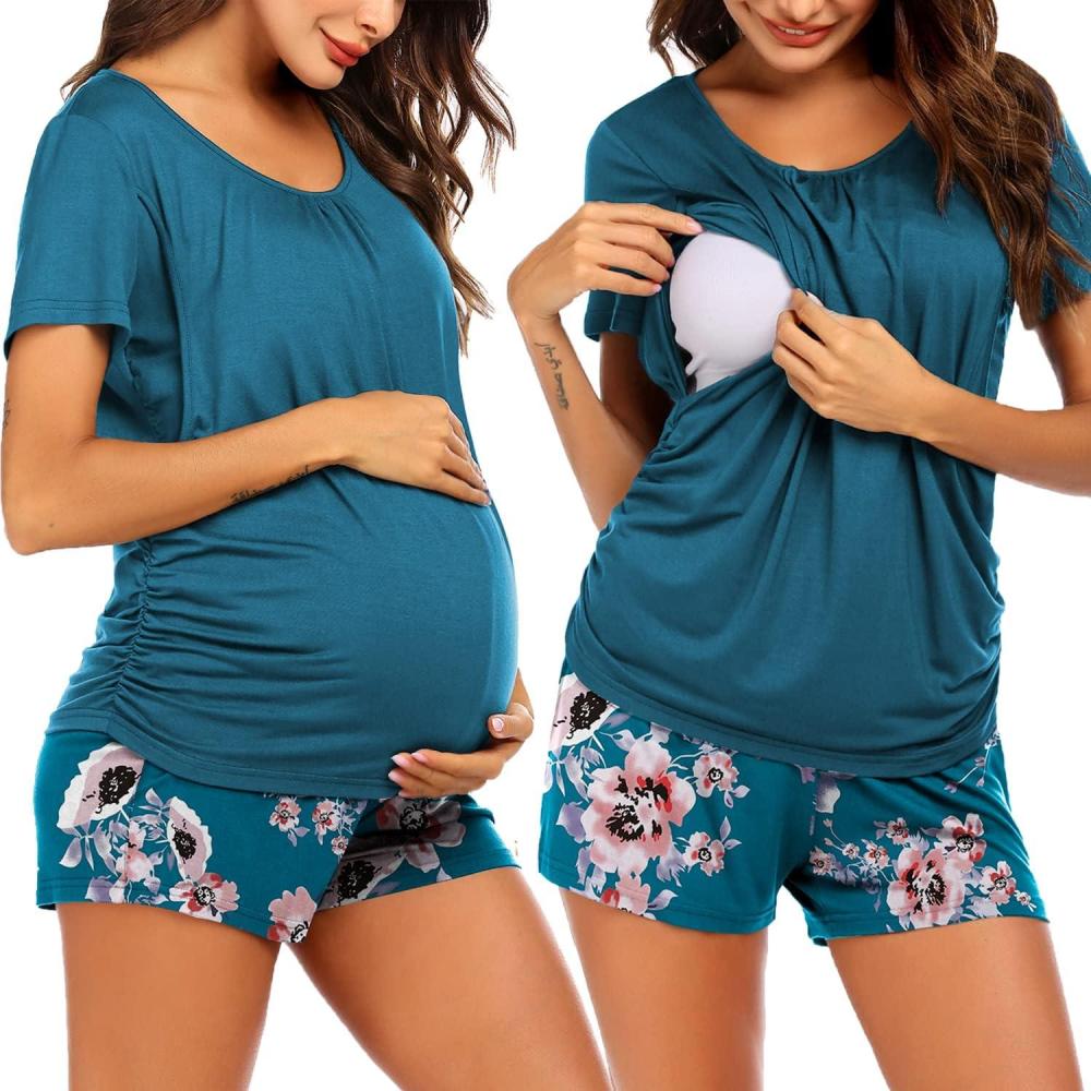 imageEkouaer Womens Nursing Pajamas Maternity Breastfeeding Pjs Sleepwear Layer Soft Postpartum Lounge Set Pregnancy ClothesA Floral Teal
