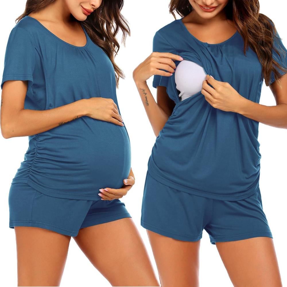 imageEkouaer Womens Nursing Pajamas Maternity Breastfeeding Pjs Sleepwear Layer Soft Postpartum Lounge Set Pregnancy ClothesA Grey Blue