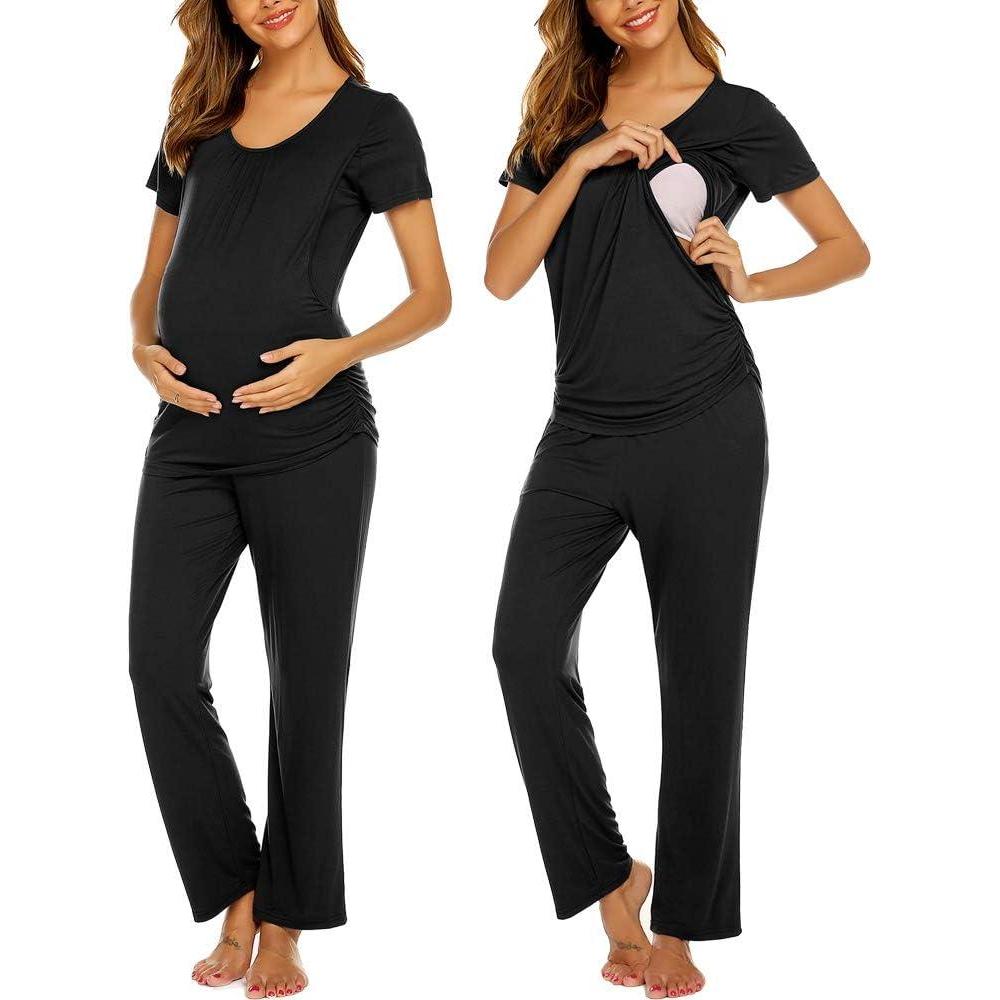 imageEkouaer Womens Nursing Pajamas Maternity Breastfeeding Pjs Sleepwear Layer Soft Postpartum Lounge Set Pregnancy ClothesB Black