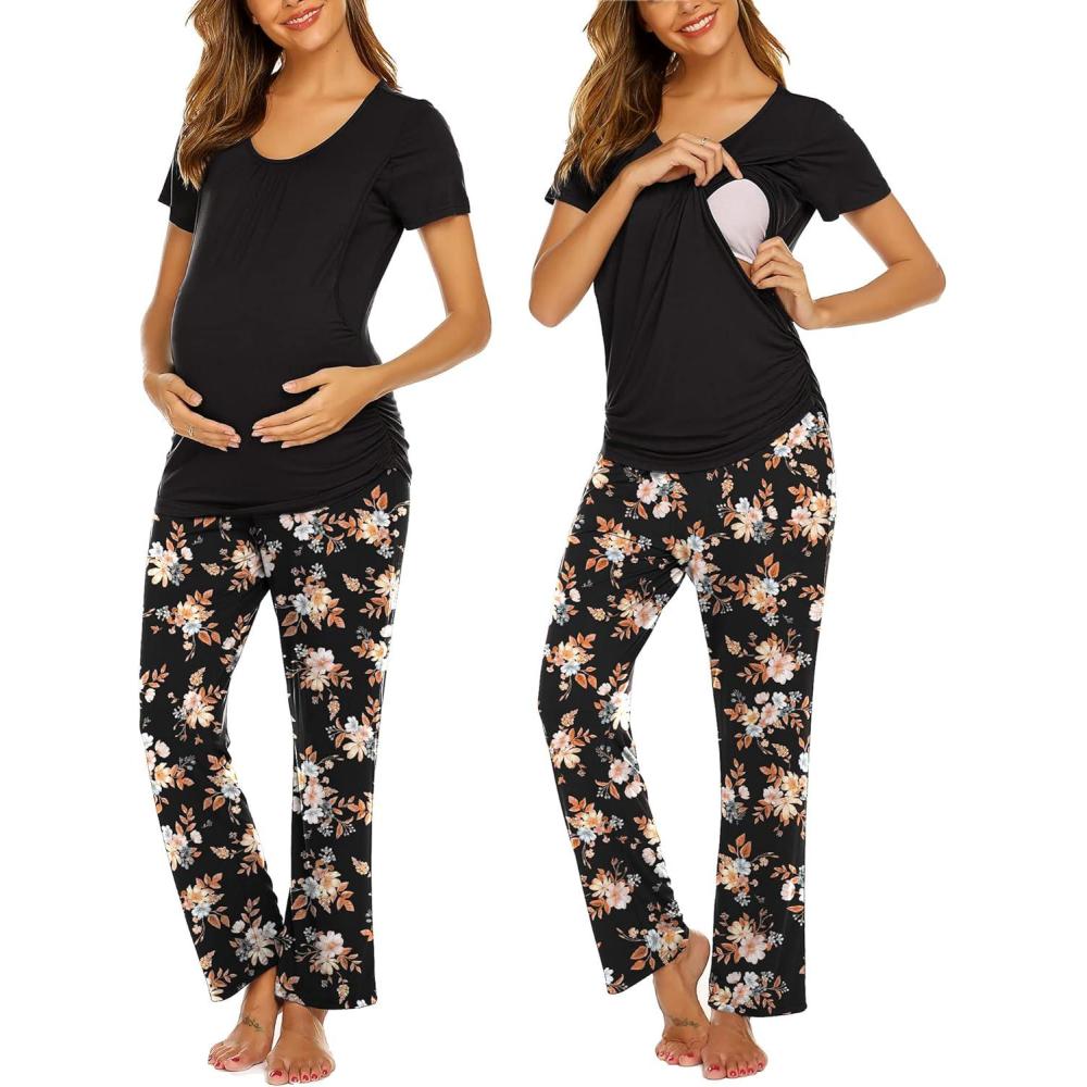 imageEkouaer Womens Nursing Pajamas Maternity Breastfeeding Pjs Sleepwear Layer Soft Postpartum Lounge Set Pregnancy ClothesB Floral Black