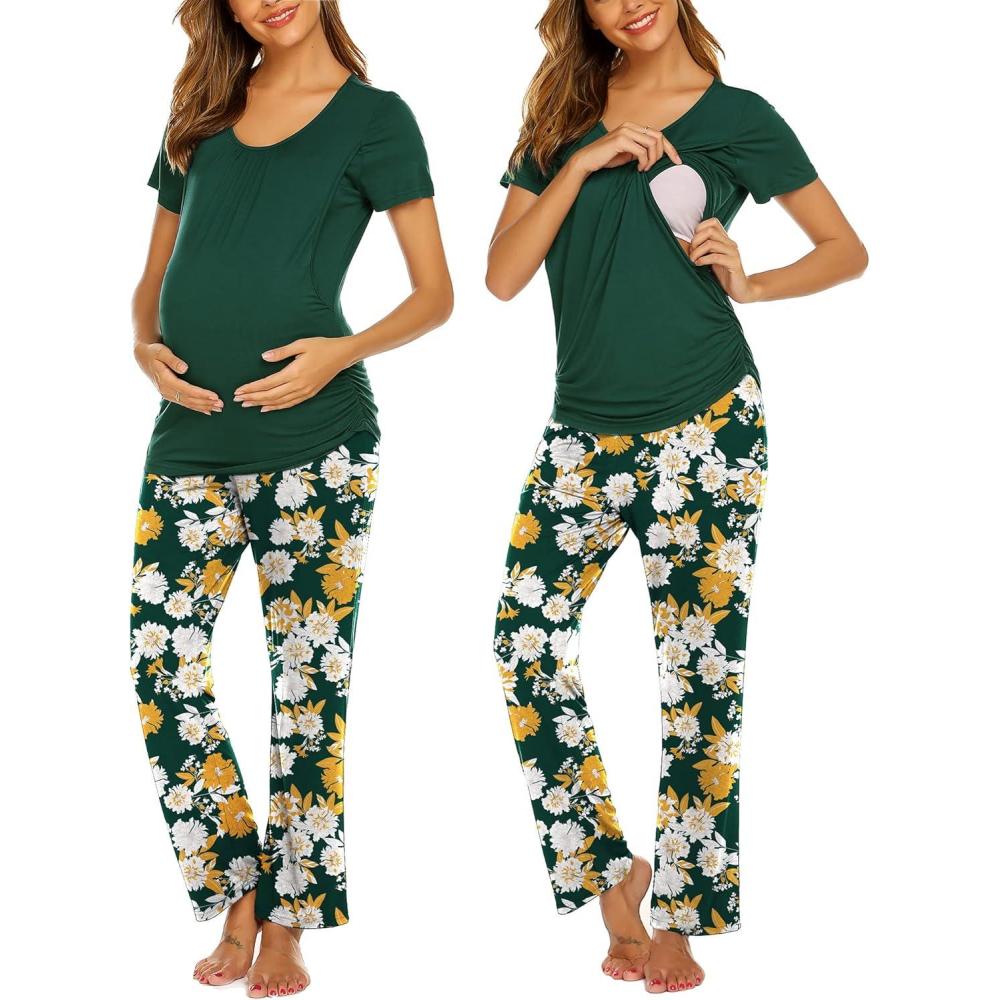 imageEkouaer Womens Nursing Pajamas Maternity Breastfeeding Pjs Sleepwear Layer Soft Postpartum Lounge Set Pregnancy ClothesB Floral Green