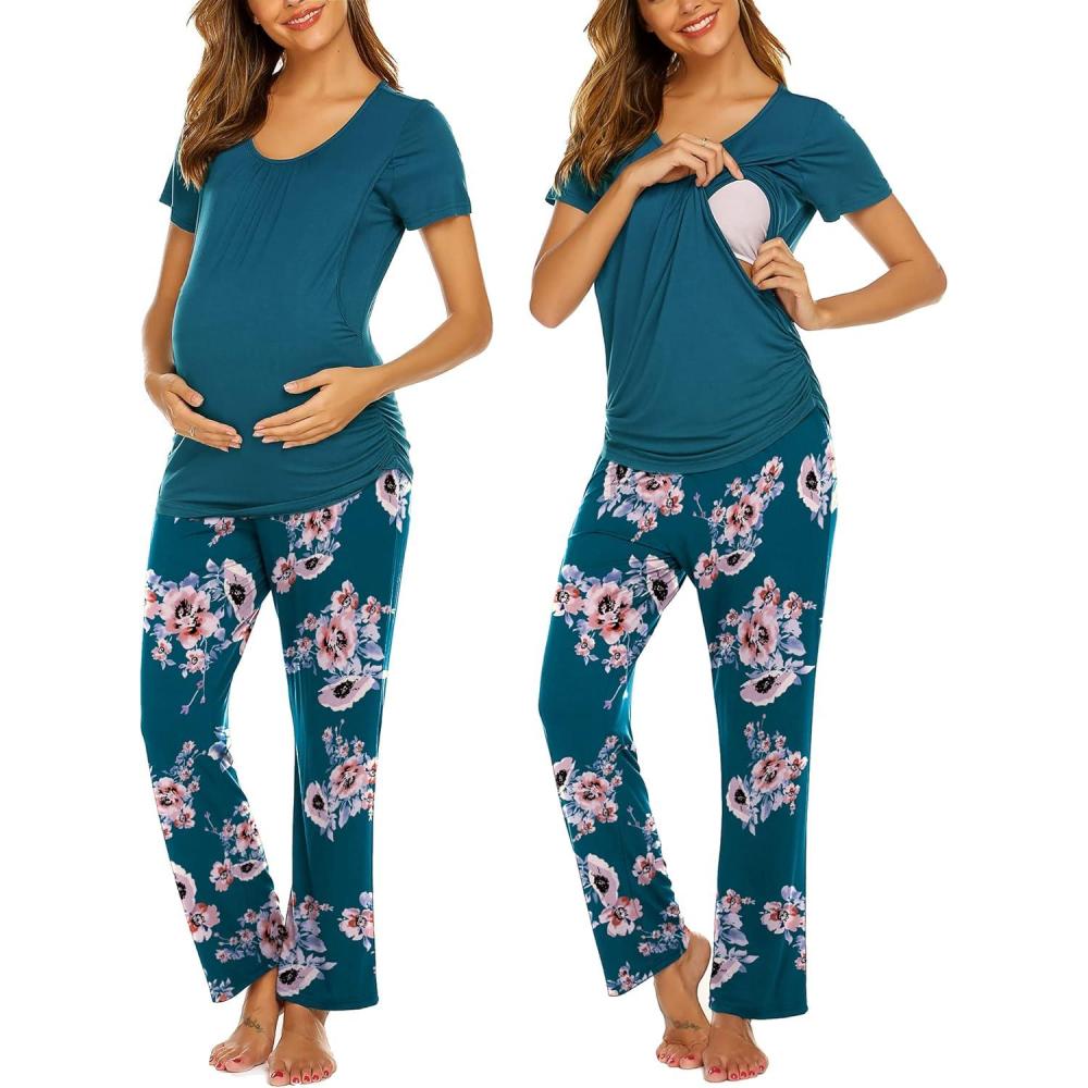 imageEkouaer Womens Nursing Pajamas Maternity Breastfeeding Pjs Sleepwear Layer Soft Postpartum Lounge Set Pregnancy ClothesB Floral Teal