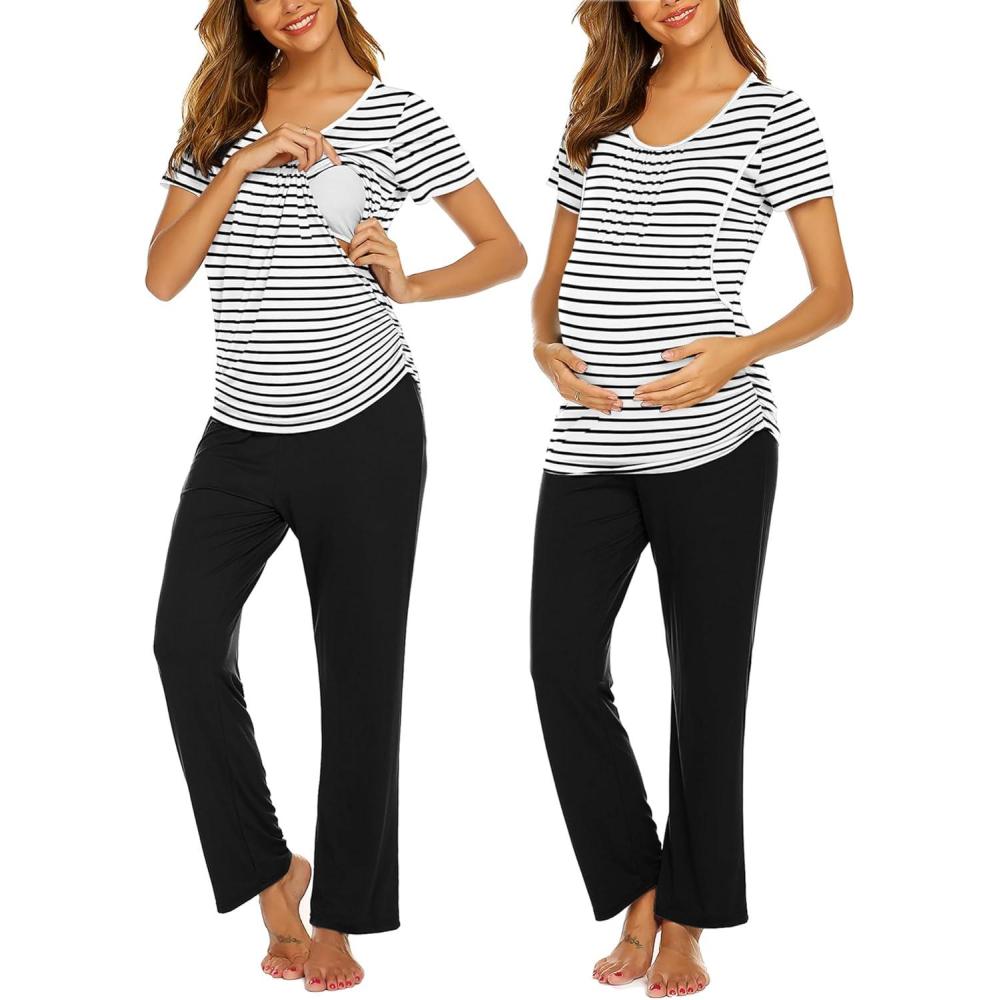 imageEkouaer Womens Nursing Pajamas Maternity Breastfeeding Pjs Sleepwear Layer Soft Postpartum Lounge Set Pregnancy ClothesB White Stripe