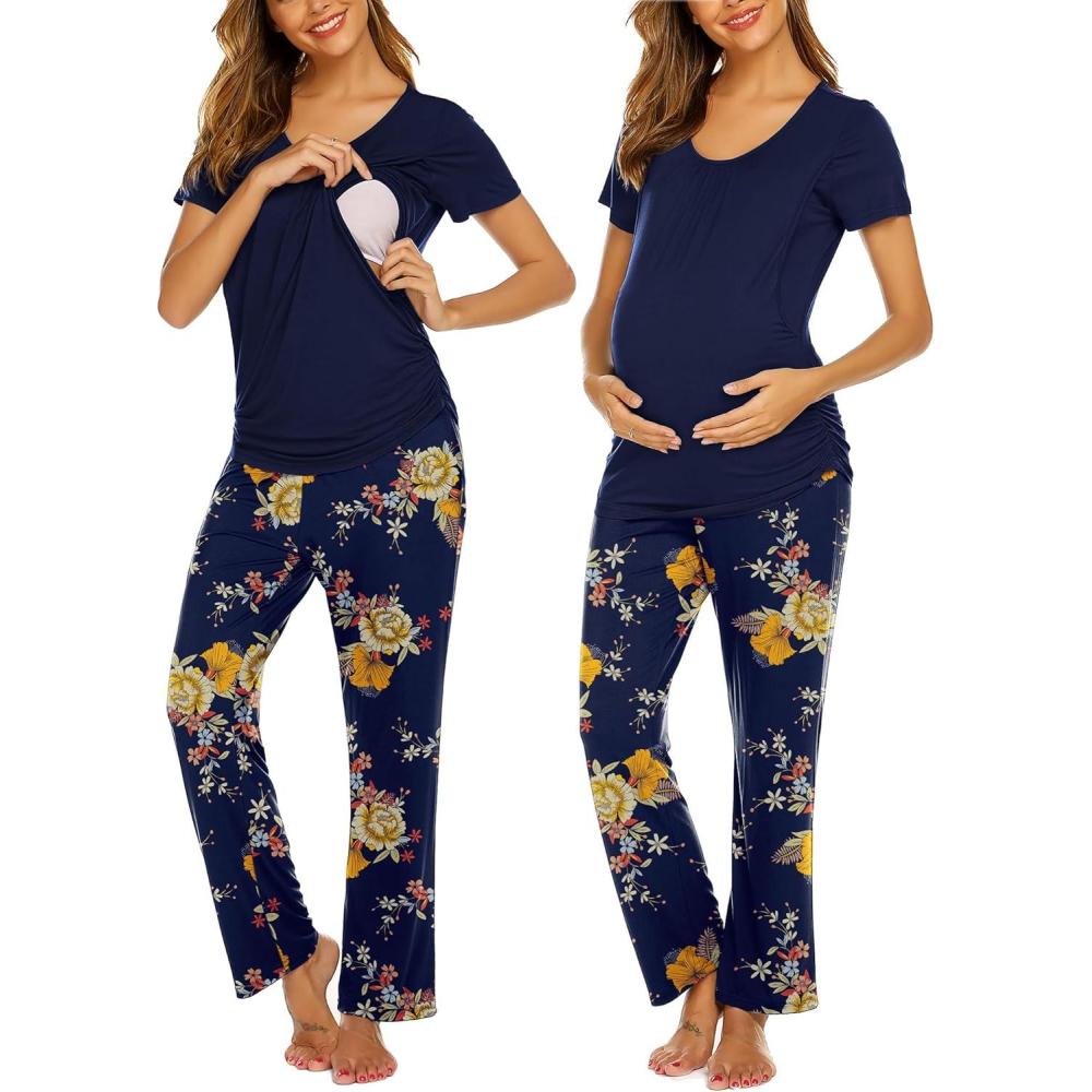 imageEkouaer Womens Nursing Pajamas Maternity Breastfeeding Pjs Sleepwear Layer Soft Postpartum Lounge Set Pregnancy ClothesFloral Navy Blue