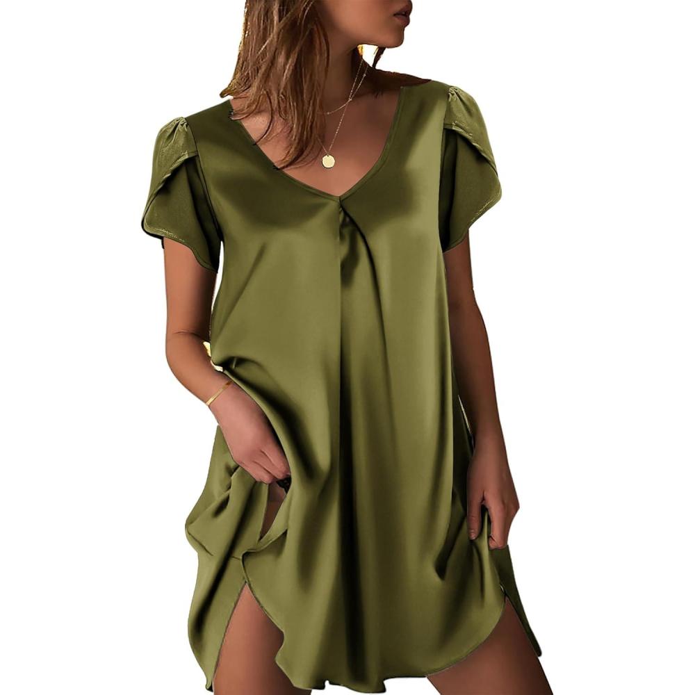 imageEkouaer Womens Satin Nightgown Short Sleeve Sleepdress VNeck Sleepwear Loose Silk SleepshirtArmy Green