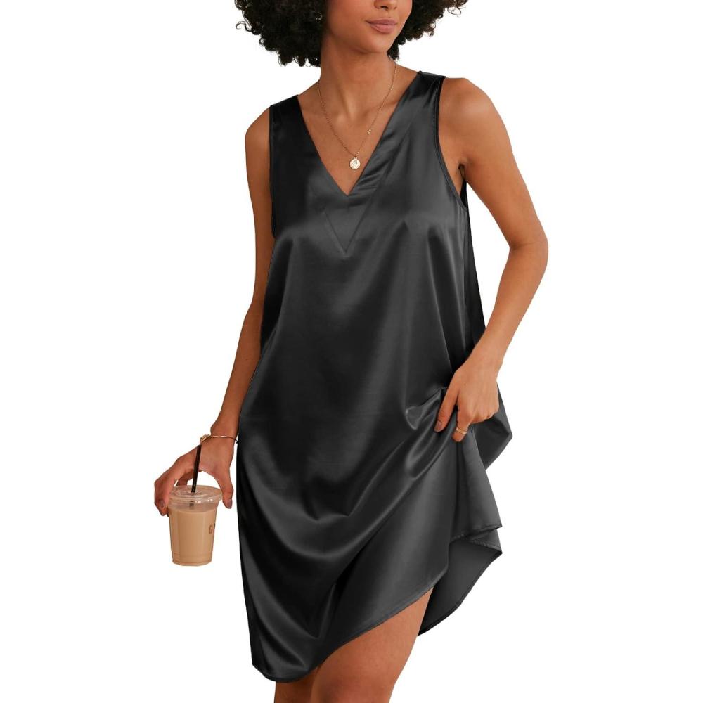 imageEkouaer Womens Satin Silk Nightgown V Neck Nightie Tank Sleepshirt Sleeveless Summer Dress Comfy LoungewearBlack