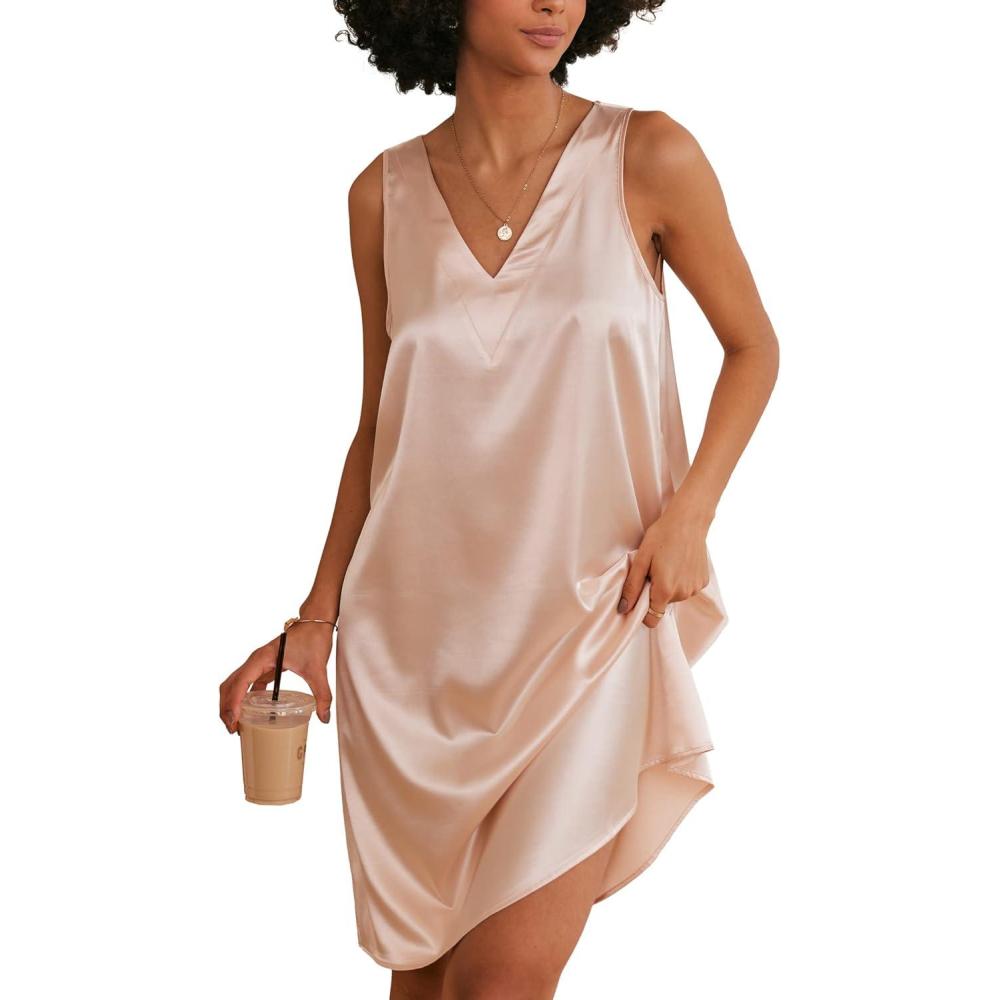 imageEkouaer Womens Satin Silk Nightgown V Neck Nightie Tank Sleepshirt Sleeveless Summer Dress Comfy LoungewearChampagne