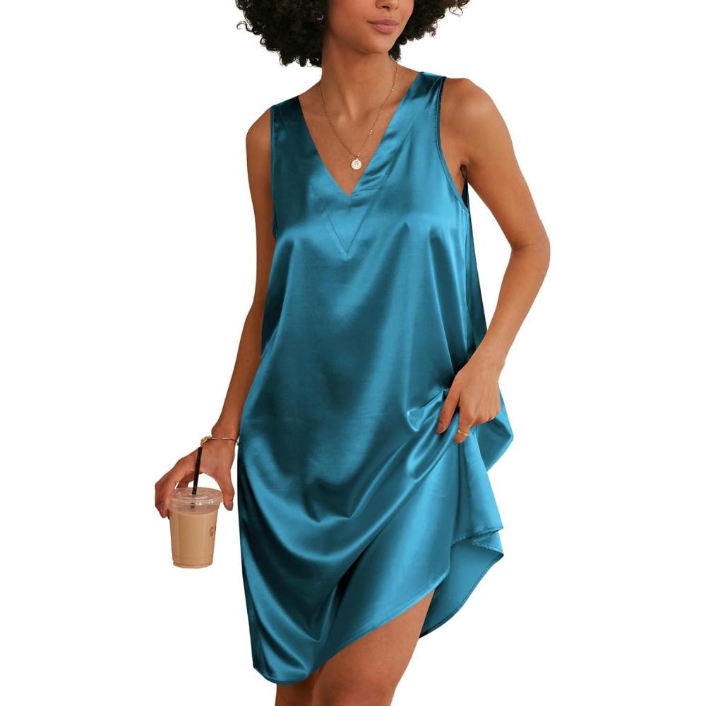 imageEkouaer Womens Satin Silk Nightgown V Neck Nightie Tank Sleepshirt Sleeveless Summer Dress Comfy LoungewearDark Blue