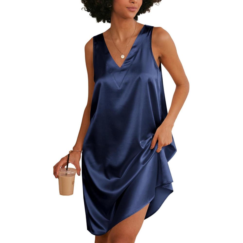 imageEkouaer Womens Satin Silk Nightgown V Neck Nightie Tank Sleepshirt Sleeveless Summer Dress Comfy LoungewearNavy Blue